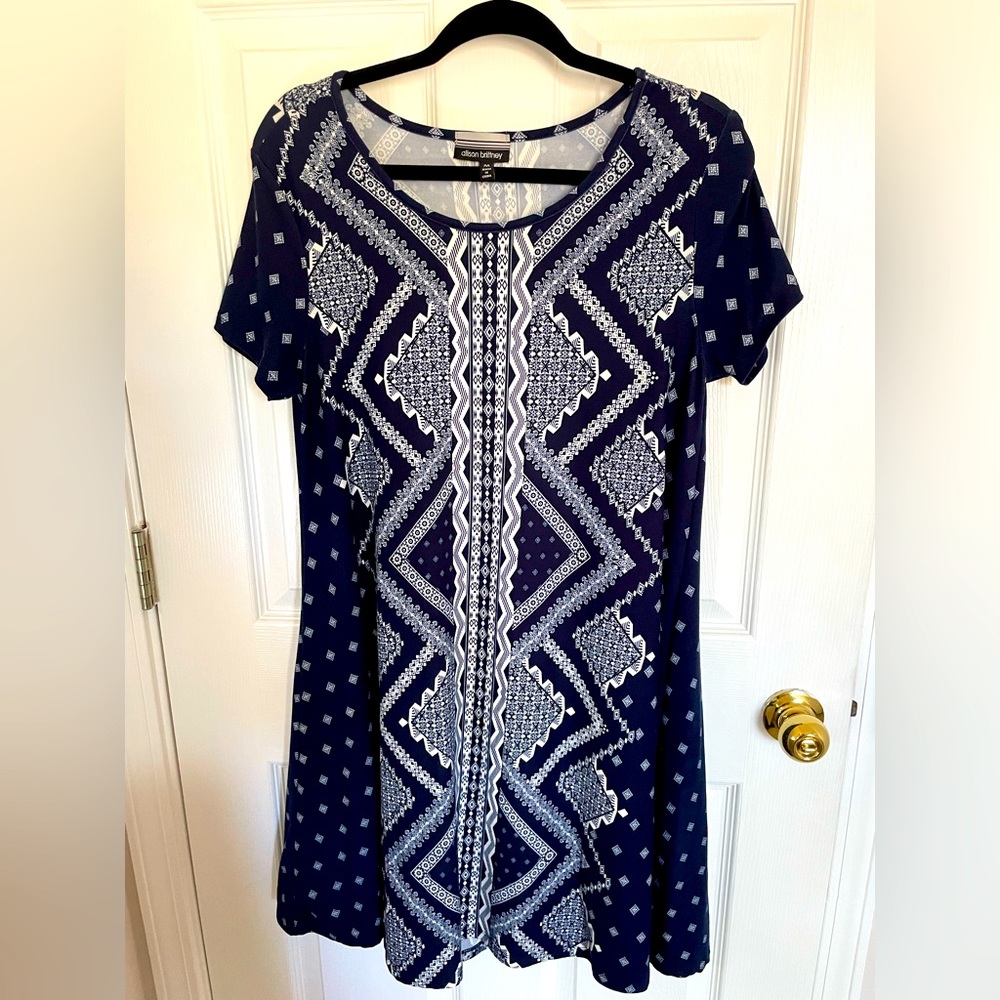 Allison Brittany Short Sleeve Shift Dress Navy White Sz Medium